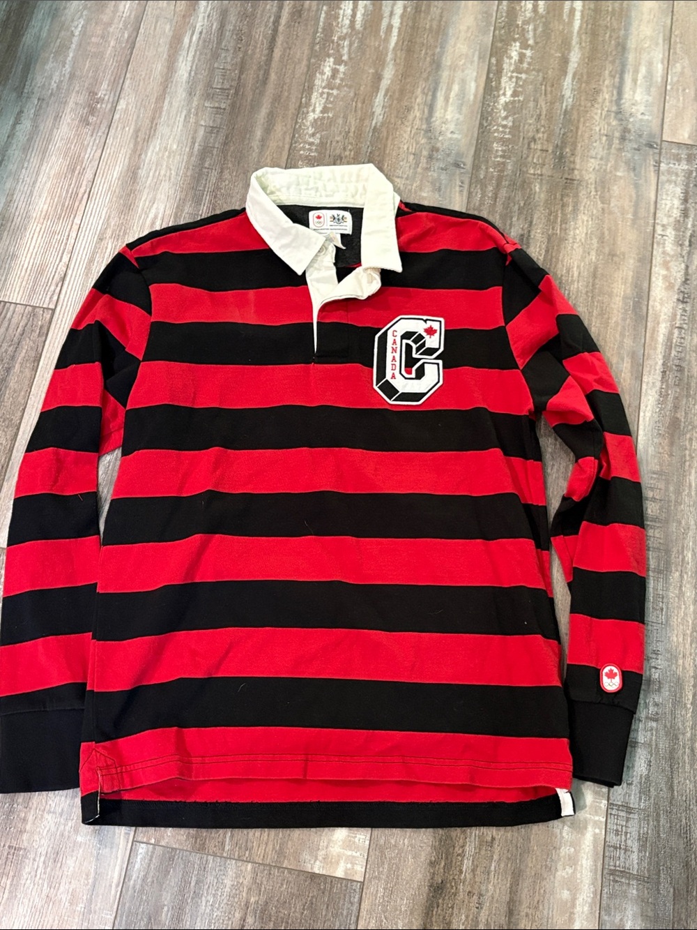 Hudson’s Bay Co. Olympic Red and Black Stripe Polo Long Sleeve Shirt Medium